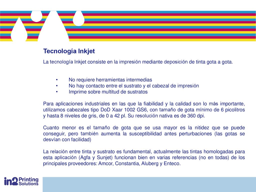 Tecnología Inkjet La tecnología Inkjet consiste en la impresión mediante deposición de tinta gota a gota.