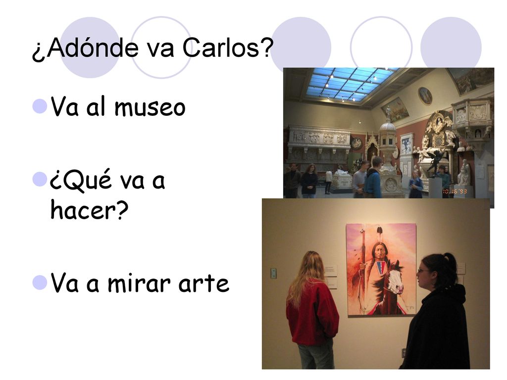 ¿Adónde va Carlos Va al museo ¿Qué va a hacer Va a mirar arte