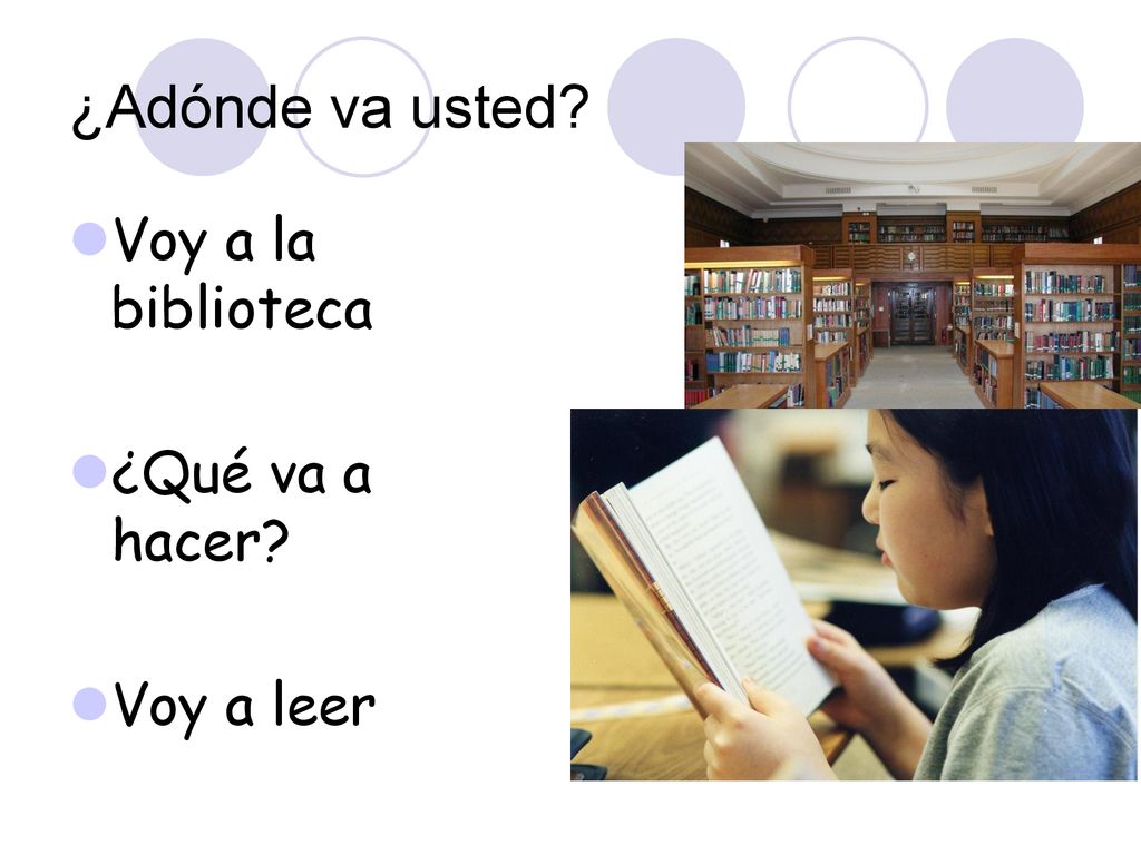 ¿Adónde va usted Voy a la biblioteca ¿Qué va a hacer Voy a leer