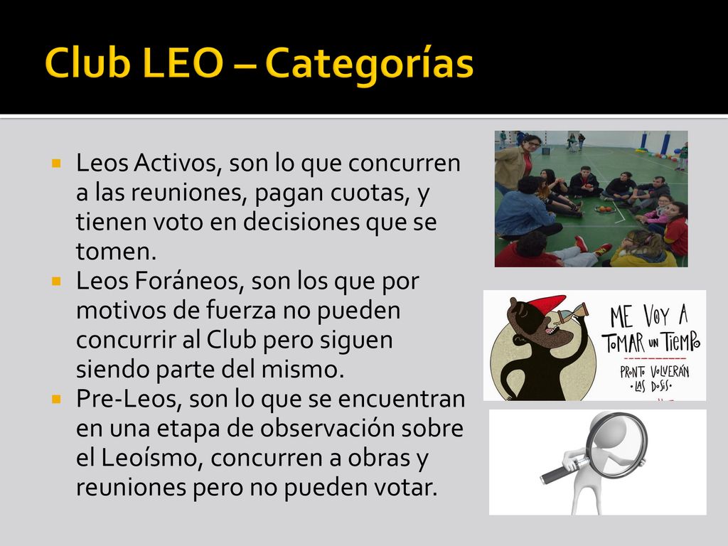 Club LEO – Categorías Leos Activos, son lo que concurren a las reuniones, pagan cuotas, y tienen voto en decisiones que se tomen.