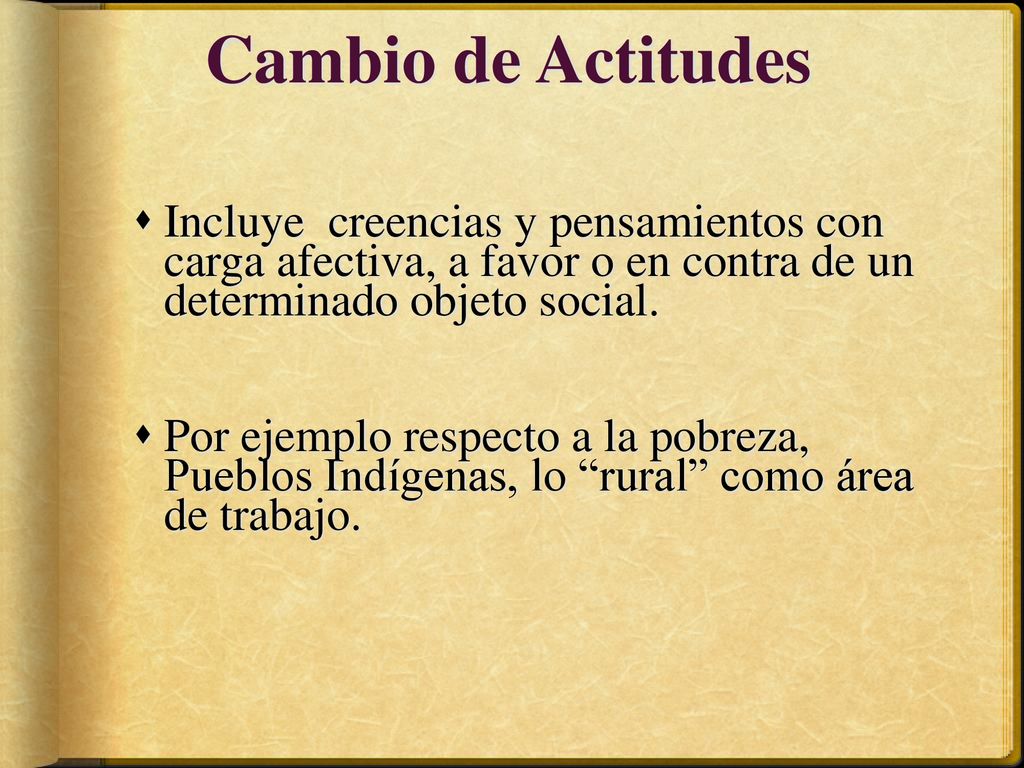 Cambio de Actitudes Incluye creencias y pensamientos con carga afectiva, a favor o en contra de un determinado objeto social.