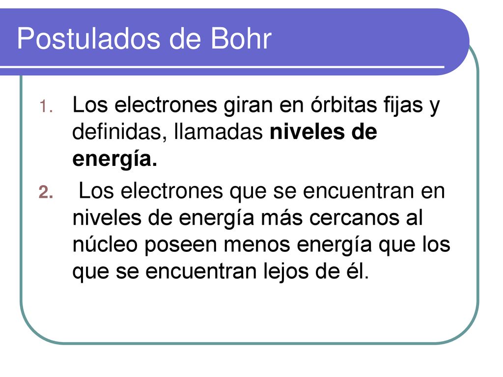 Postulados de Bohr Los electrones giran en órbitas fijas y definidas, llamadas niveles de energía.