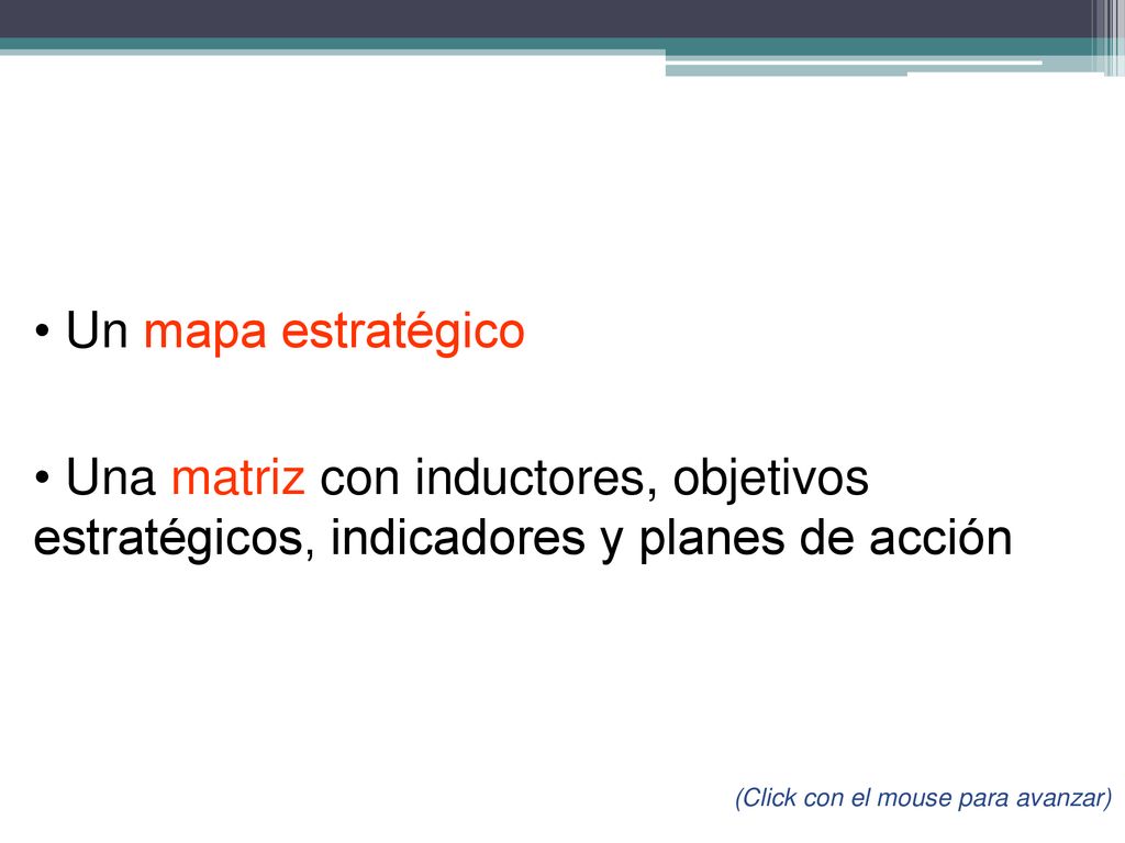 Un mapa estratégico Una matriz con inductores, objetivos estratégicos, indicadores y planes de acción.