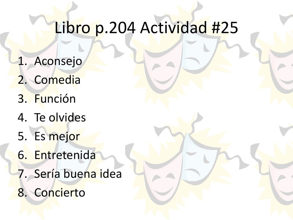 Libro p.204 Actividad #25 Aconsejo Comedia Función Te olvides Es mejor