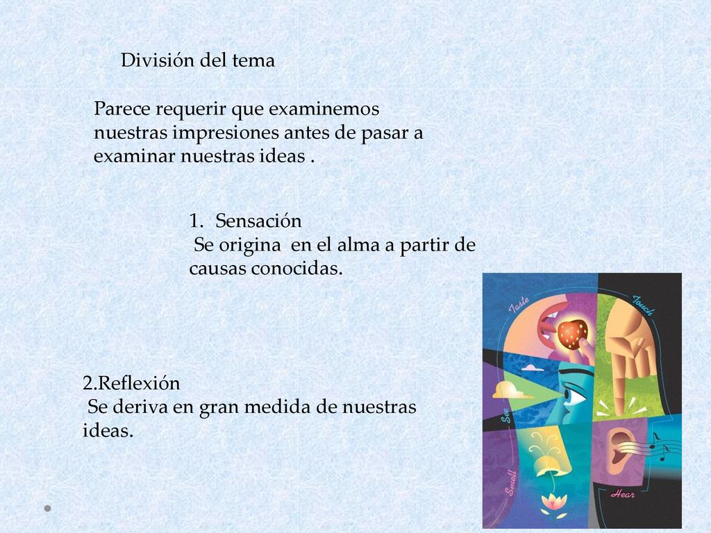 División del tema Parece requerir que examinemos nuestras impresiones antes de pasar a examinar nuestras ideas .