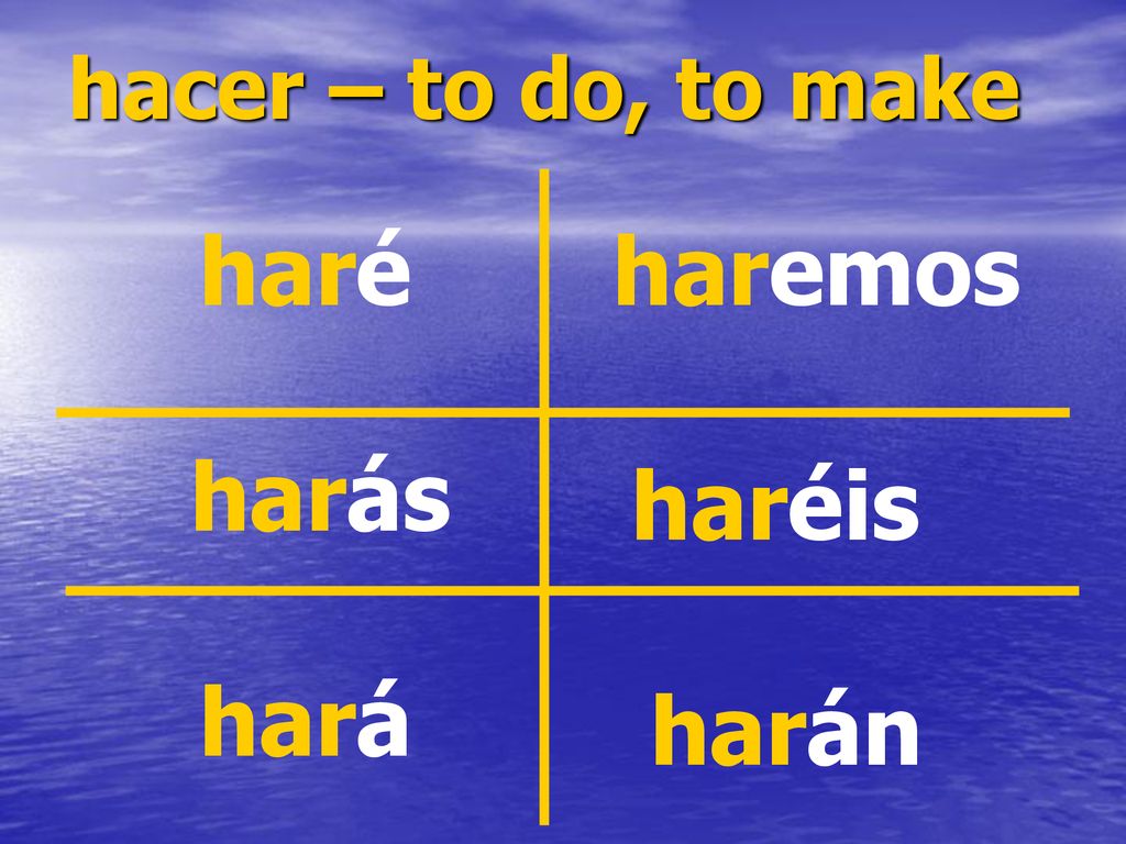 hacer – to do, to make haré haremos harás haréis hará harán