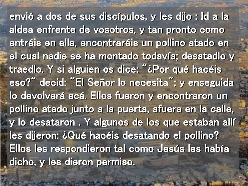 envió a dos de sus discípulos, y les dijo : Id a la aldea enfrente de vosotros, y tan pronto como entréis en ella, encontraréis un pollino atado en el cual nadie se ha montado todavía; desatadlo y traedlo.