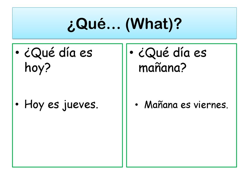 ¿Qué… (What) ¿Qué día es hoy ¿Qué día es mañana Hoy es jueves.