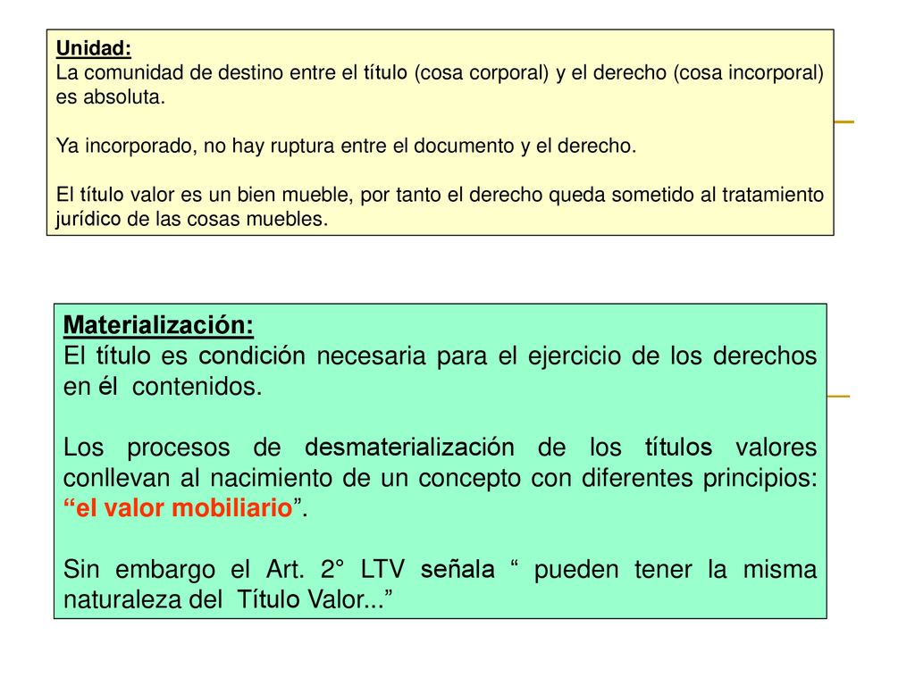 Unidad: La comunidad de destino entre el título (cosa corporal) y el derecho (cosa incorporal) es absoluta.
