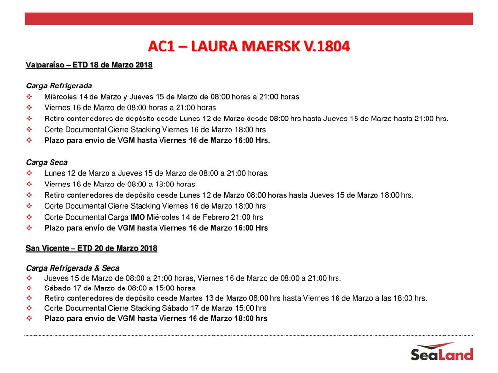 AC1 – LAURA MAERSK V.1804 Valparaíso – ETD 18 de Marzo 2018