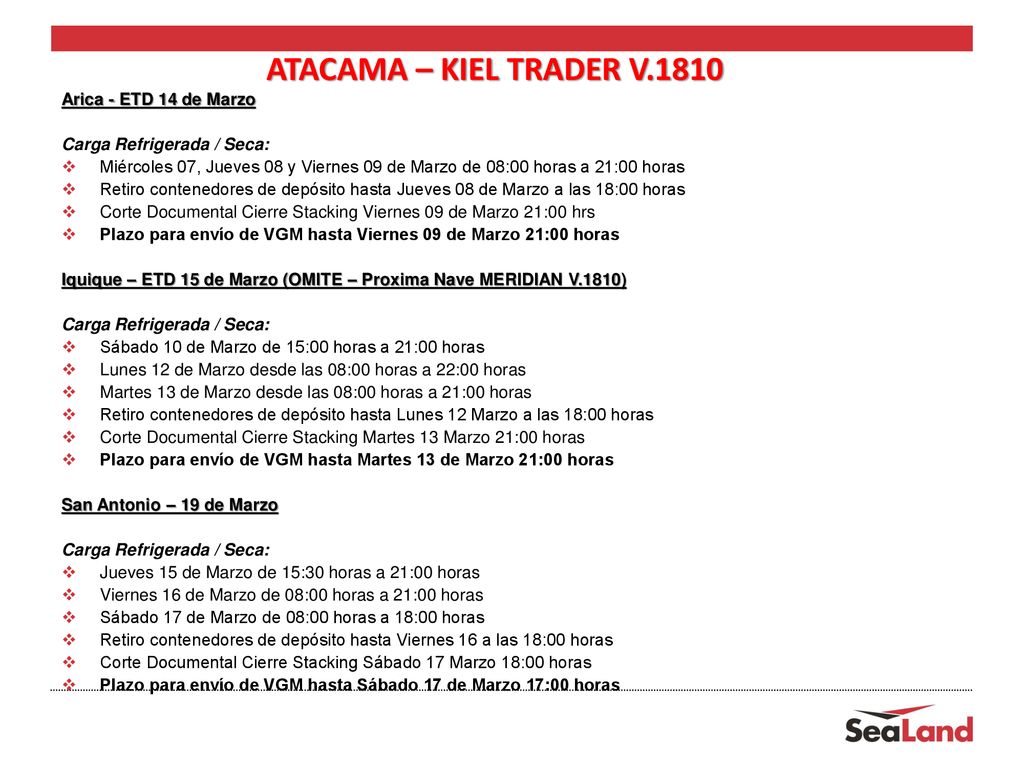 ATACAMA – KIEL TRADER V.1810 Arica - ETD 14 de Marzo