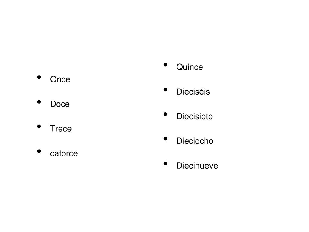 Once Doce Trece catorce Quince Dieciséis Diecisiete Dieciocho Diecinueve