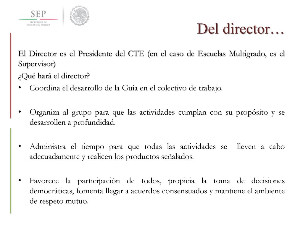 Del director… El Director es el Presidente del CTE (en el caso de Escuelas Multigrado, es el Supervisor)