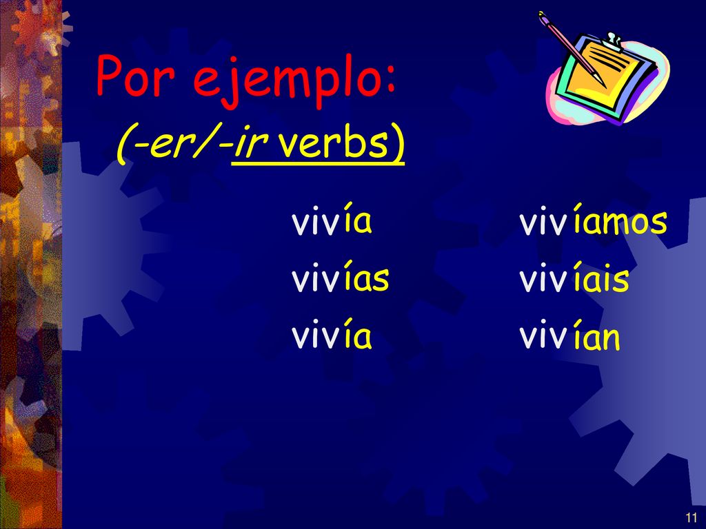 Por ejemplo: (-er/-ir verbs) viv ía ías viv íamos íais ían 11 11