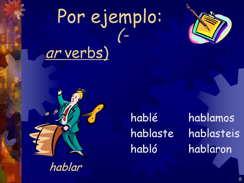 Por ejemplo: (-ar verbs) hablar hablé hablaste habló hablamos