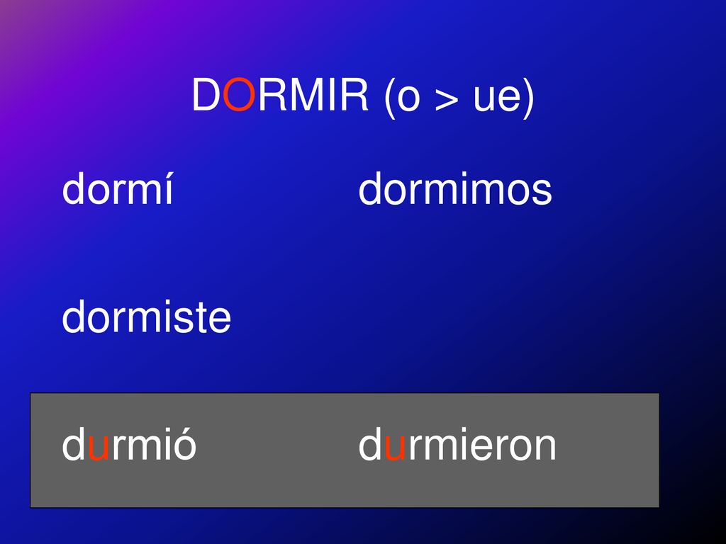 DORMIR (o > ue) dormí dormiste durmió dormimos durmieron