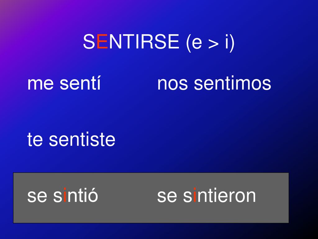 SENTIRSE (e > i) me sentí te sentiste se sintió nos sentimos se sintieron