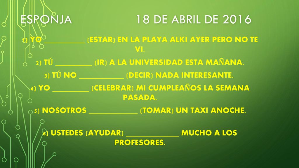 ESPONJA 18 de ABRIL de ) Yo __________ (ESTAr) en la PLAYA ALKI ayer pero no te vi.