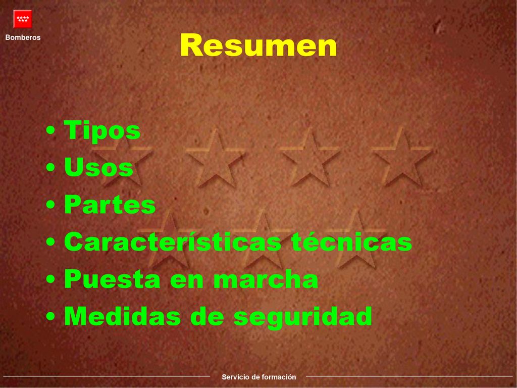 Resumen Tipos Usos Partes Características técnicas Puesta en marcha
