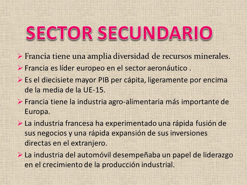 SECTOR SECUNDARIO Francia tiene una amplia diversidad de recursos minerales. Francia es líder europeo en el sector aeronáutico .