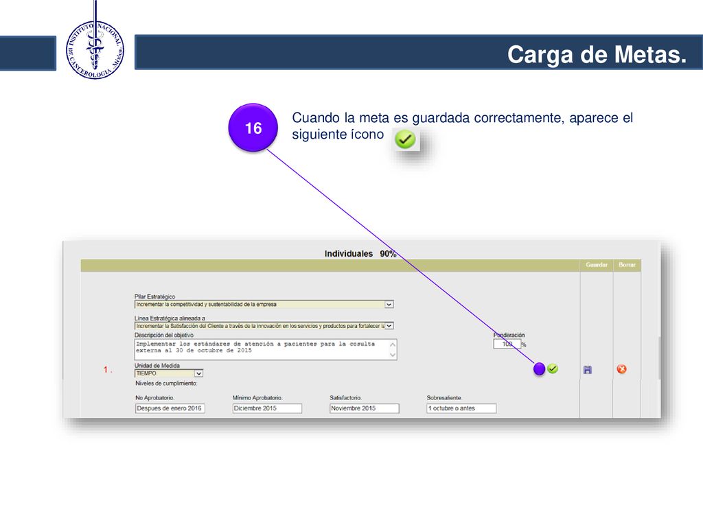 Carga de Metas. 16 Cuando la meta es guardada correctamente, aparece el siguiente ícono