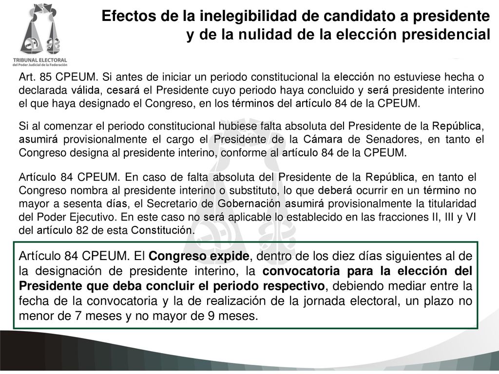 Efectos de la inelegibilidad de candidato a presidente y de la nulidad de la elección presidencial