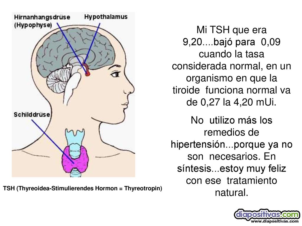 Mi TSH que era 9,20....bajó para 0,09 cuando la tasa considerada normal, en un organismo en que la tiroide funciona normal va de 0,27 la 4,20 mUi.