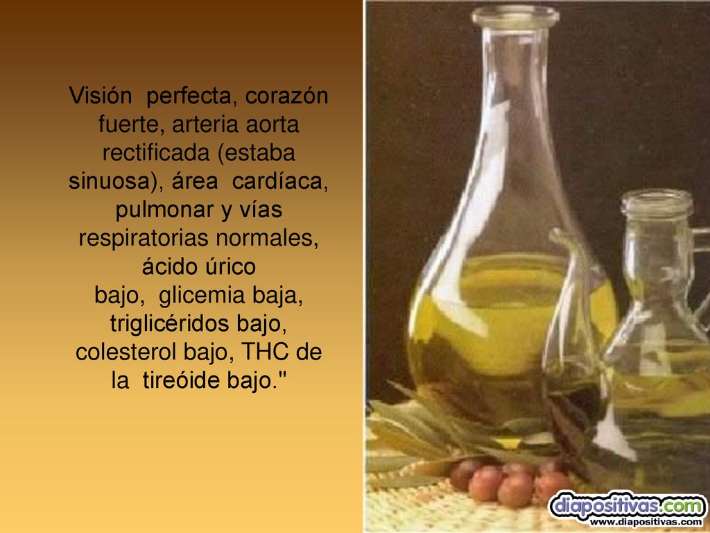 Visión perfecta, corazón fuerte, arteria aorta rectificada (estaba sinuosa), área cardíaca, pulmonar y vías respiratorias normales, ácido úrico bajo, glicemia baja, triglicéridos bajo, colesterol bajo, THC de la tireóide bajo.