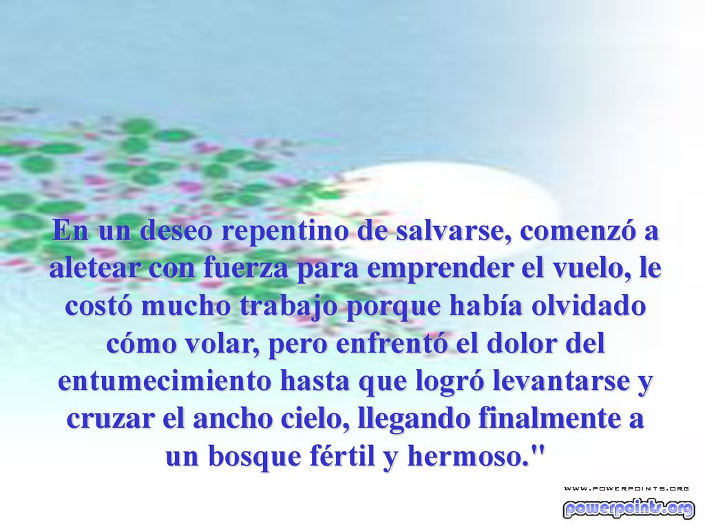 En un deseo repentino de salvarse, comenzó a aletear con fuerza para emprender el vuelo, le costó mucho trabajo porque había olvidado cómo volar, pero enfrentó el dolor del entumecimiento hasta que logró levantarse y cruzar el ancho cielo, llegando finalmente a un bosque fértil y hermoso.
