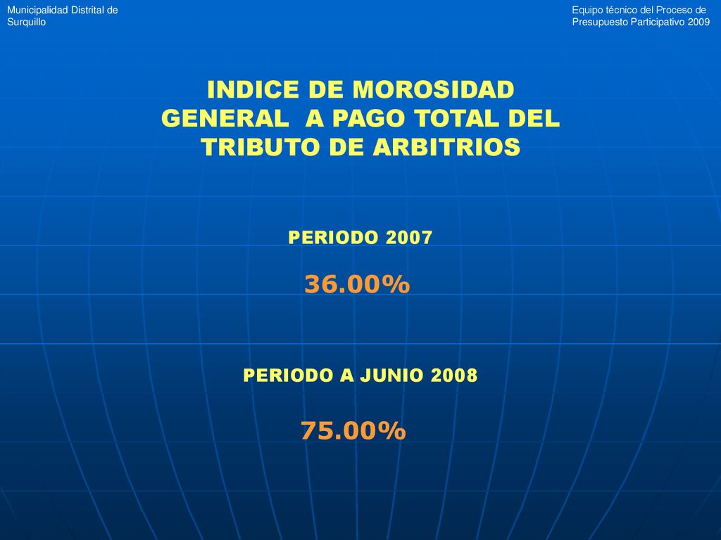 INDICE DE MOROSIDAD GENERAL A PAGO TOTAL DEL TRIBUTO DE ARBITRIOS