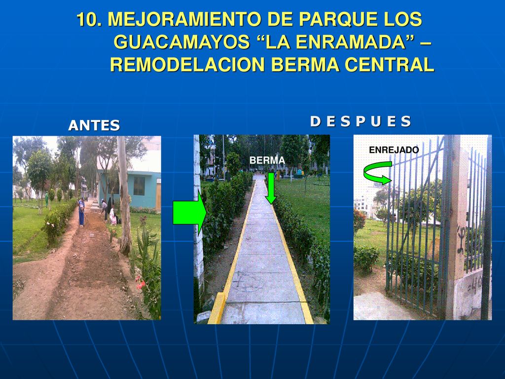 10. MEJORAMIENTO DE PARQUE LOS GUACAMAYOS LA ENRAMADA – REMODELACION BERMA CENTRAL