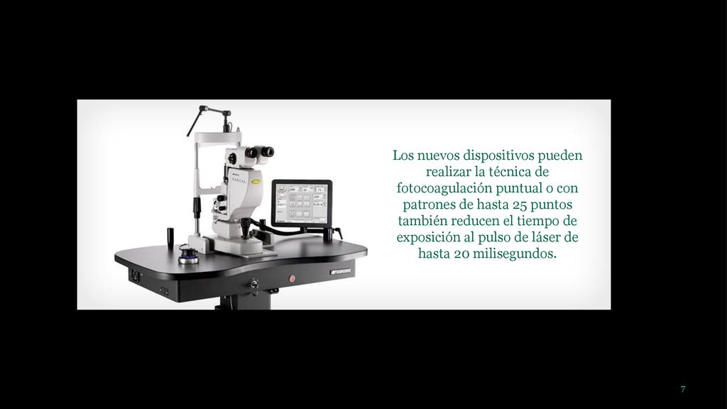 Los nuevos dispositivos pueden realizar la técnica de fotocoagulación puntual o con patrones de hasta 25 puntos también reducen el tiempo de exposición al pulso de láser de hasta 20 milisegundos.