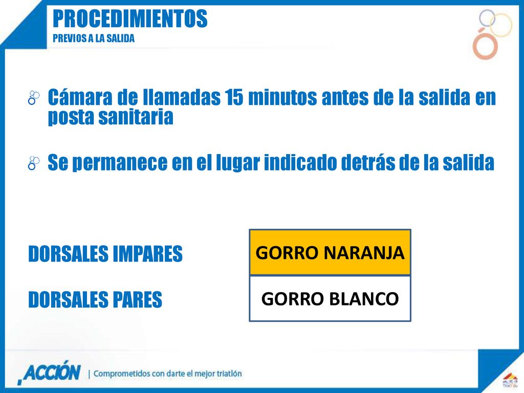 procedimientos Previos a la salida. Cámara de llamadas 15 minutos antes de la salida en posta sanitaria.