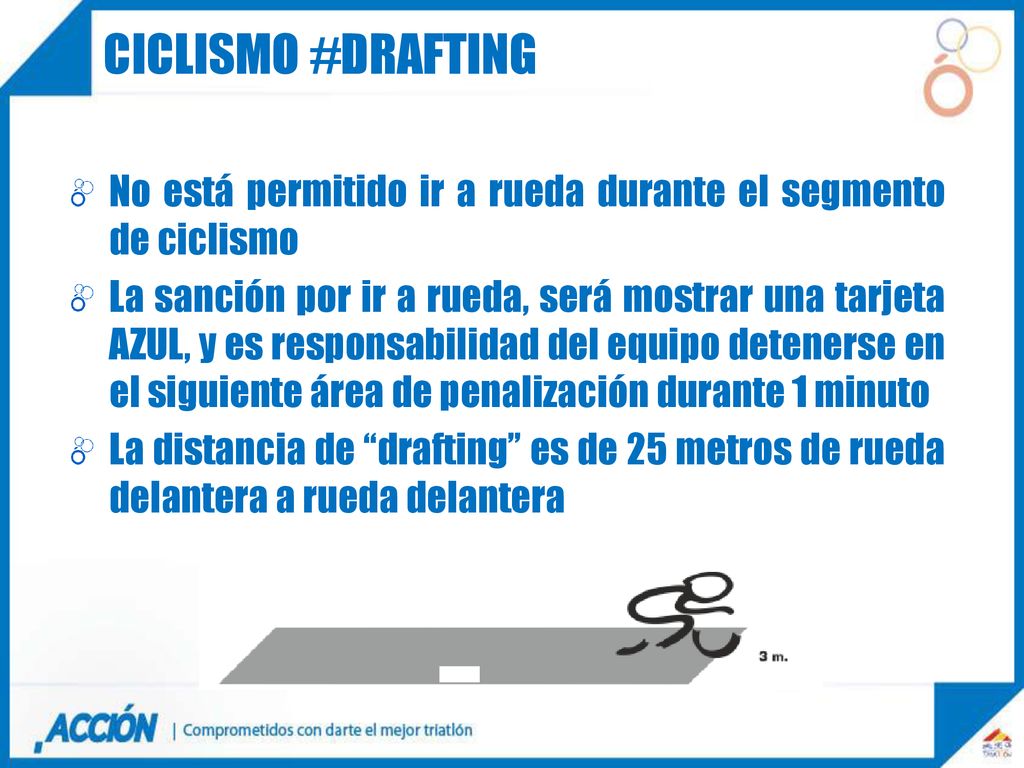 Ciclismo #DRAFTING No está permitido ir a rueda durante el segmento de ciclismo.