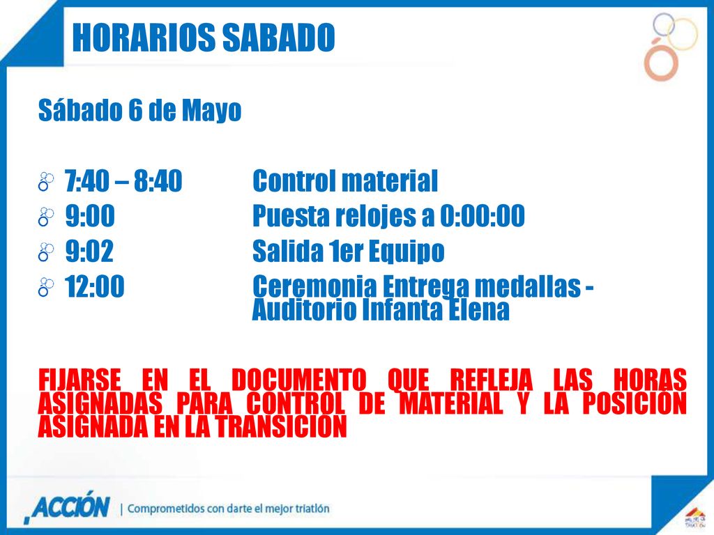 HORARIOS SABADO Sábado 6 de Mayo 7:40 – 8:40 Control material