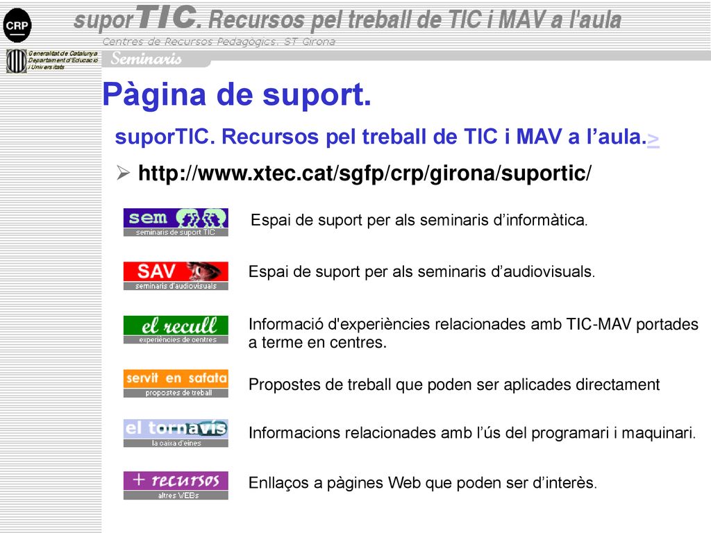 Pàgina de suport. suporTIC. Recursos pel treball de TIC i MAV a l’aula.>