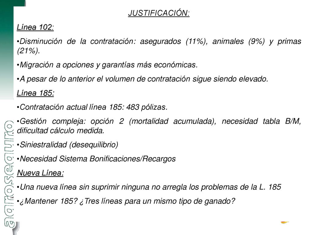 JUSTIFICACIÓN: Línea 102: Disminución de la contratación: asegurados (11%), animales (9%) y primas (21%).