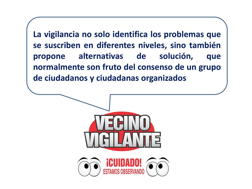 La vigilancia no solo identifica los problemas que se suscriben en diferentes niveles, sino también propone alternativas de solución, que normalmente son fruto del consenso de un grupo de ciudadanos y ciudadanas organizados