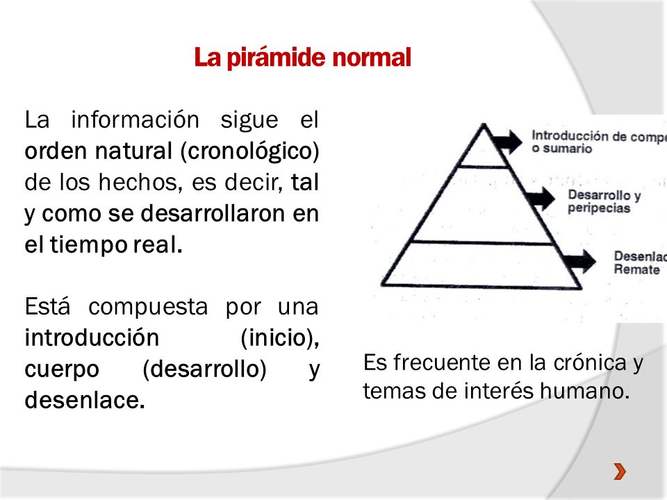 La pirámide normal La información sigue el orden natural (cronológico) de los hechos, es decir, tal y como se desarrollaron en el tiempo real.
