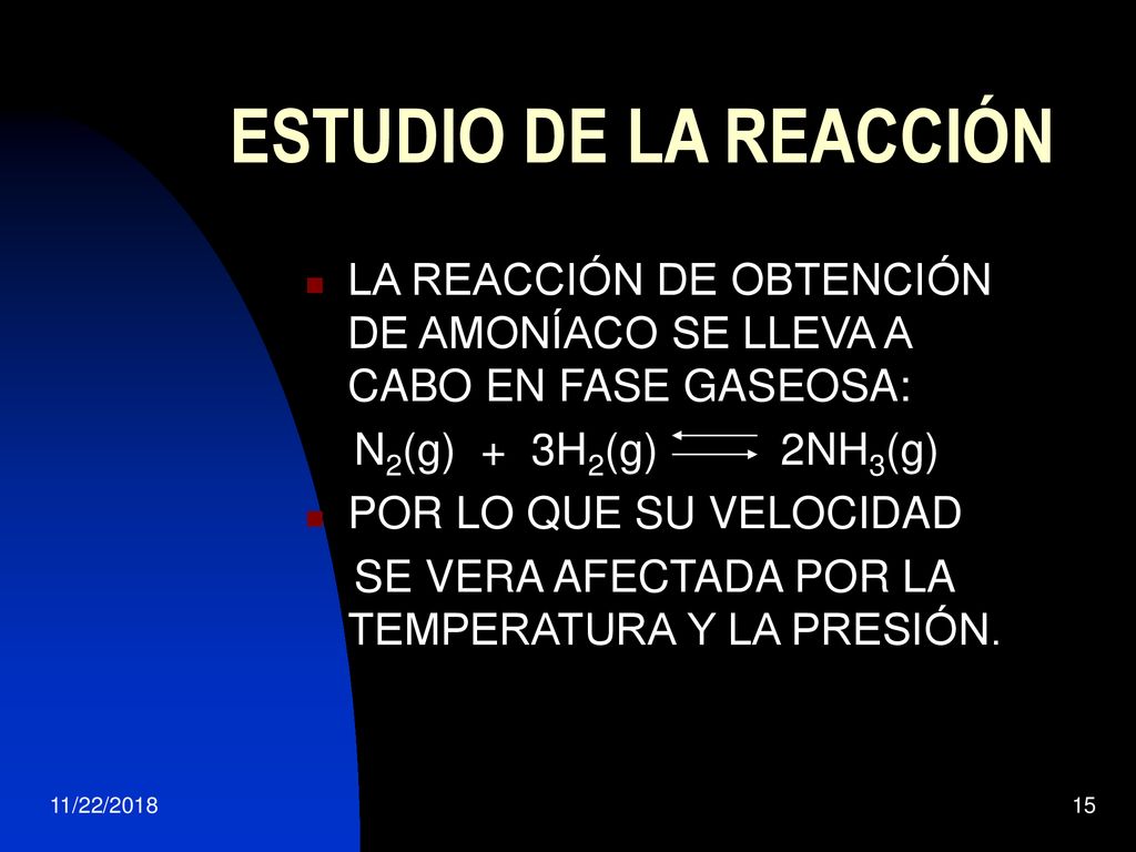 ESTUDIO DE LA REACCIÓN LA REACCIÓN DE OBTENCIÓN DE AMONÍACO SE LLEVA A CABO EN FASE GASEOSA: N2(g) + 3H2(g) 2NH3(g)