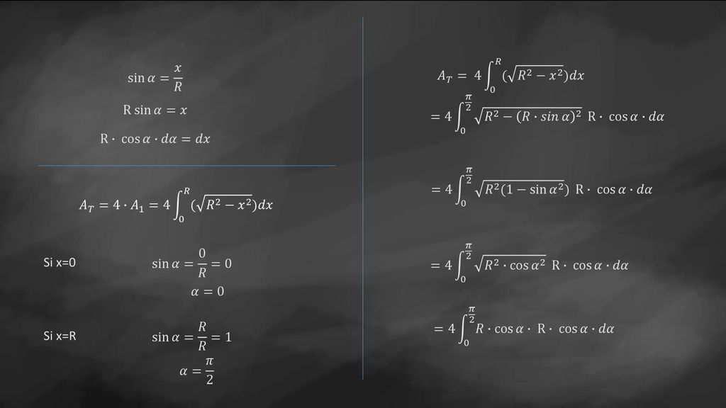 𝐴 𝑇 = 4 0 𝑅 ( 𝑅 2 − 𝑥 2 )𝑑𝑥 =4 0 𝜋 2 𝑅 2 − 𝑅∙𝑠𝑖𝑛 𝛼 2 R∙ cos 𝛼 ∙𝑑𝛼