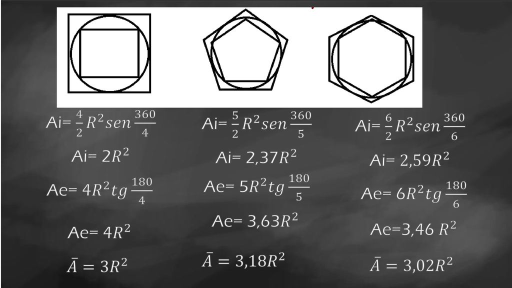 Ai= 4 2 𝑅 2 𝑠𝑒𝑛 Ai= 5 2 𝑅 2 𝑠𝑒𝑛 Ai= 6 2 𝑅 2 𝑠𝑒𝑛 Ai= 2 𝑅 2. Ai= 2,37 𝑅 2.