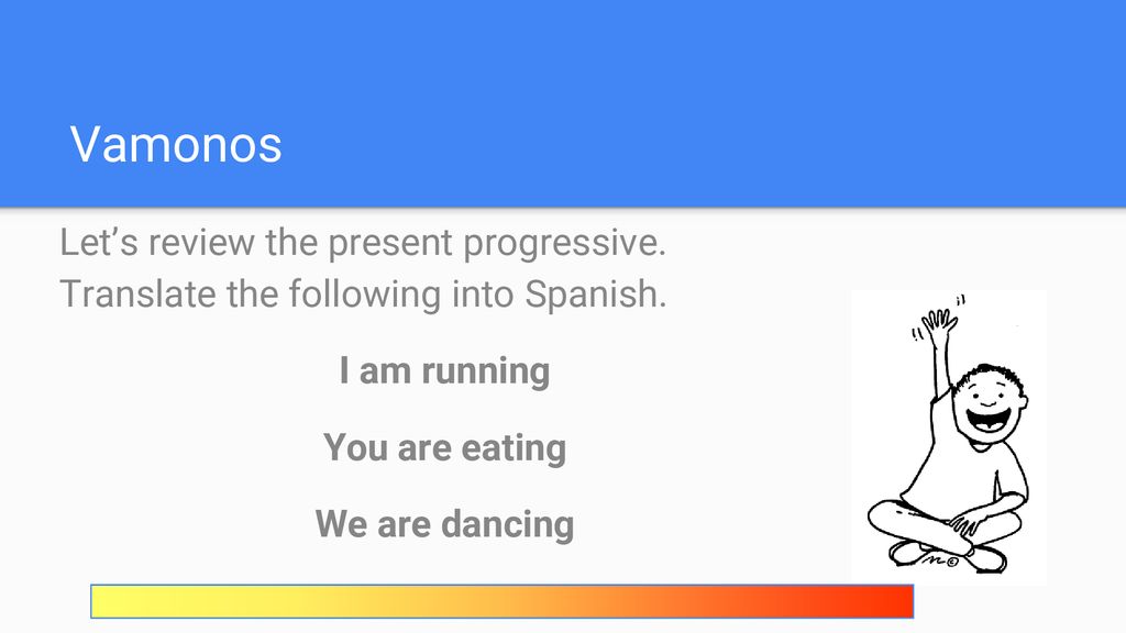 Vamonos Let’s review the present progressive. Translate the following into Spanish. I am running.
