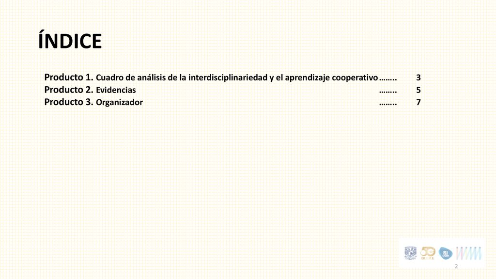 ÍNDICE Producto 1. Cuadro de análisis de la interdisciplinariedad y el aprendizaje cooperativo …….. 3.