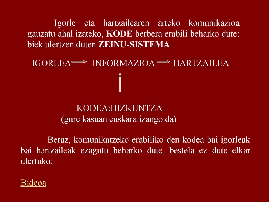 Igorle eta hartzailearen arteko komunikazioa gauzatu ahal izateko, KODE berbera erabili beharko dute: biek ulertzen duten ZEINU-SISTEMA.