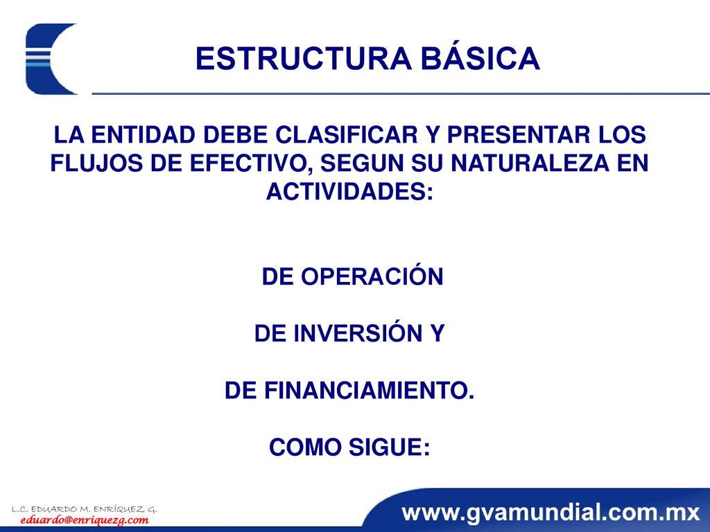 ESTRUCTURA BÁSICA LA ENTIDAD DEBE CLASIFICAR Y PRESENTAR LOS FLUJOS DE EFECTIVO, SEGUN SU NATURALEZA EN ACTIVIDADES: