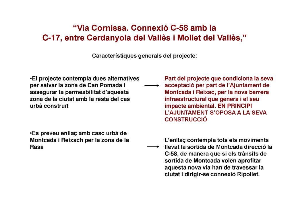 Via Cornissa. Connexió C-58 amb la C-17, entre Cerdanyola del Vallès i Mollet del Vallès, Característiques generals del projecte:
