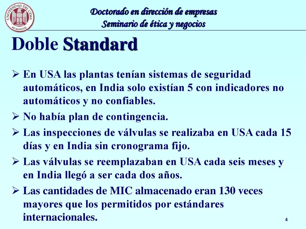 Doble Standard En USA las plantas tenían sistemas de seguridad automáticos, en India solo existían 5 con indicadores no automáticos y no confiables.
