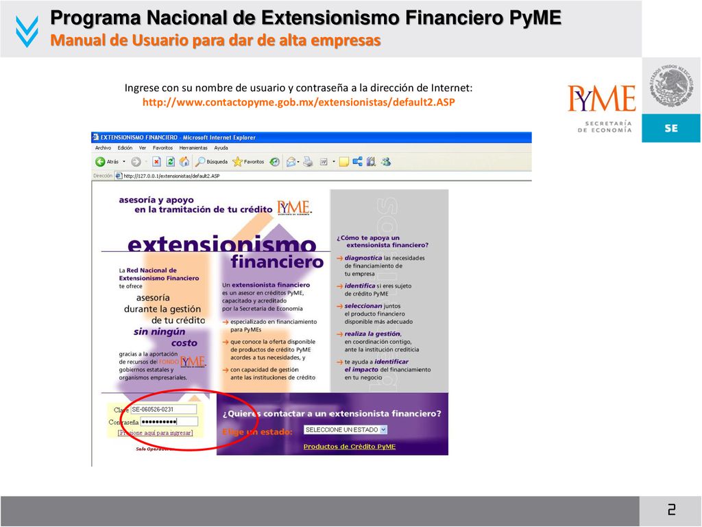 Programa Nacional de Extensionismo Financiero PyME Manual de Usuario para dar de alta empresas