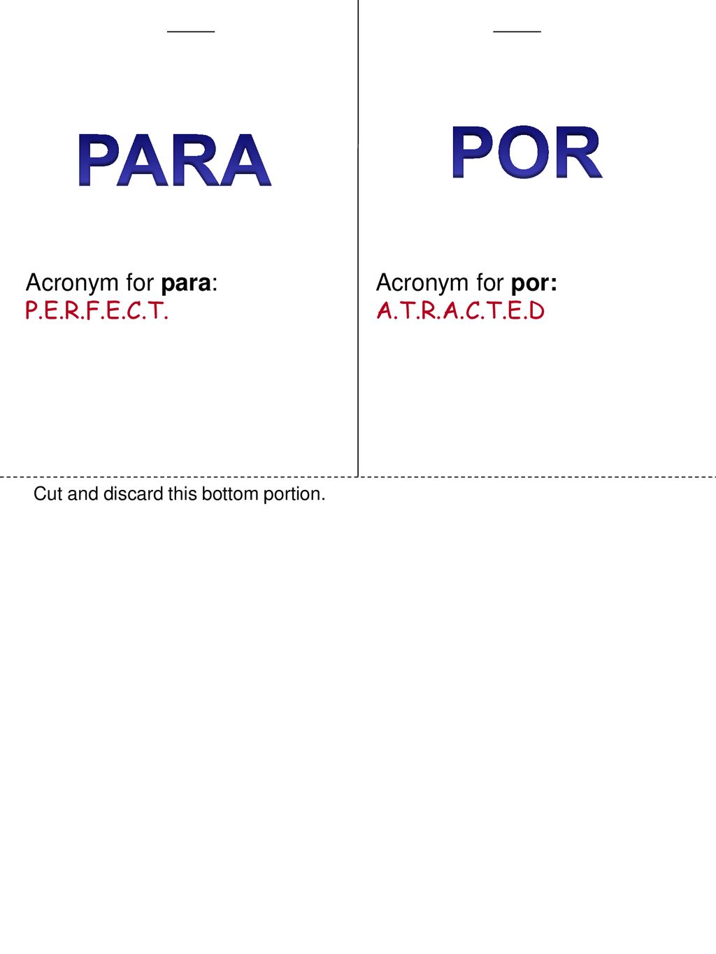 POR PARA Acronym for para: P.E.R.F.E.C.T. Acronym for por: